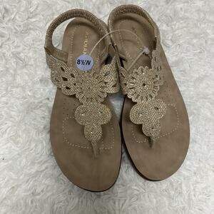 Andiamo Atastie Gold Embellished Thong Sling Back Sandals Size 8.5 W, NWOB